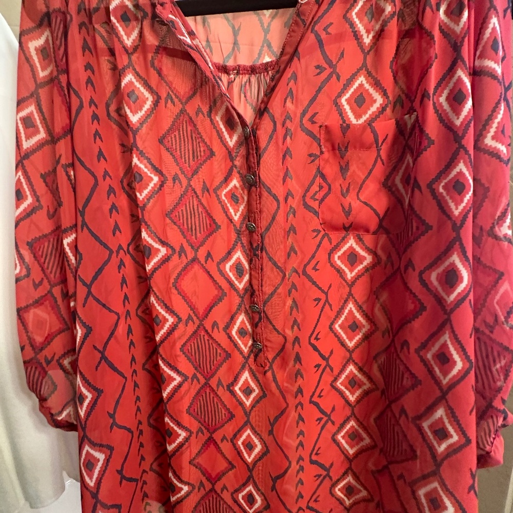 Tasha Polizzi Shear Red Bandanna Blouse Size M with turquoise accents